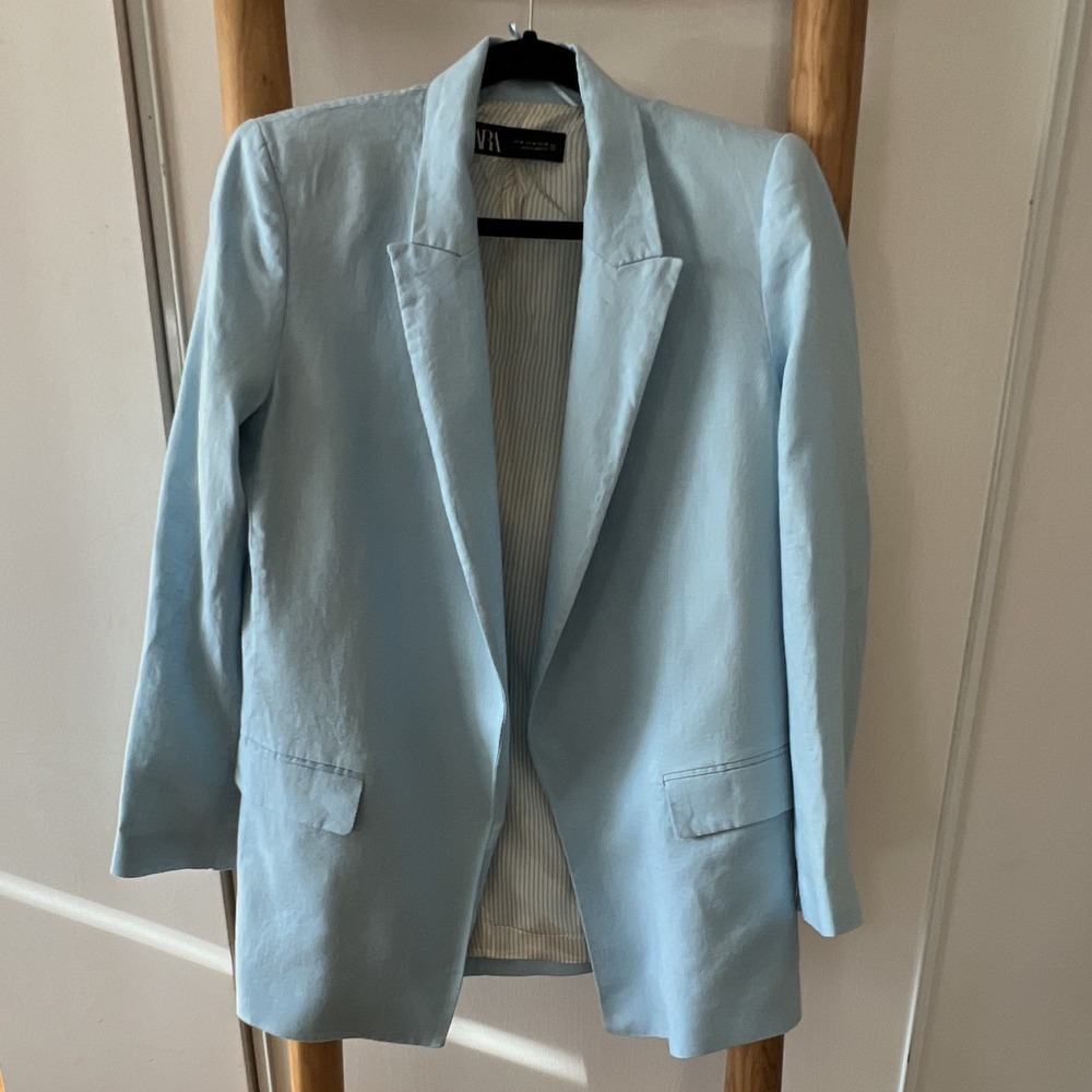 Zara Women's %100 Linen M Blue Blazer Open Front Long Sleeve Lined Pockets Long